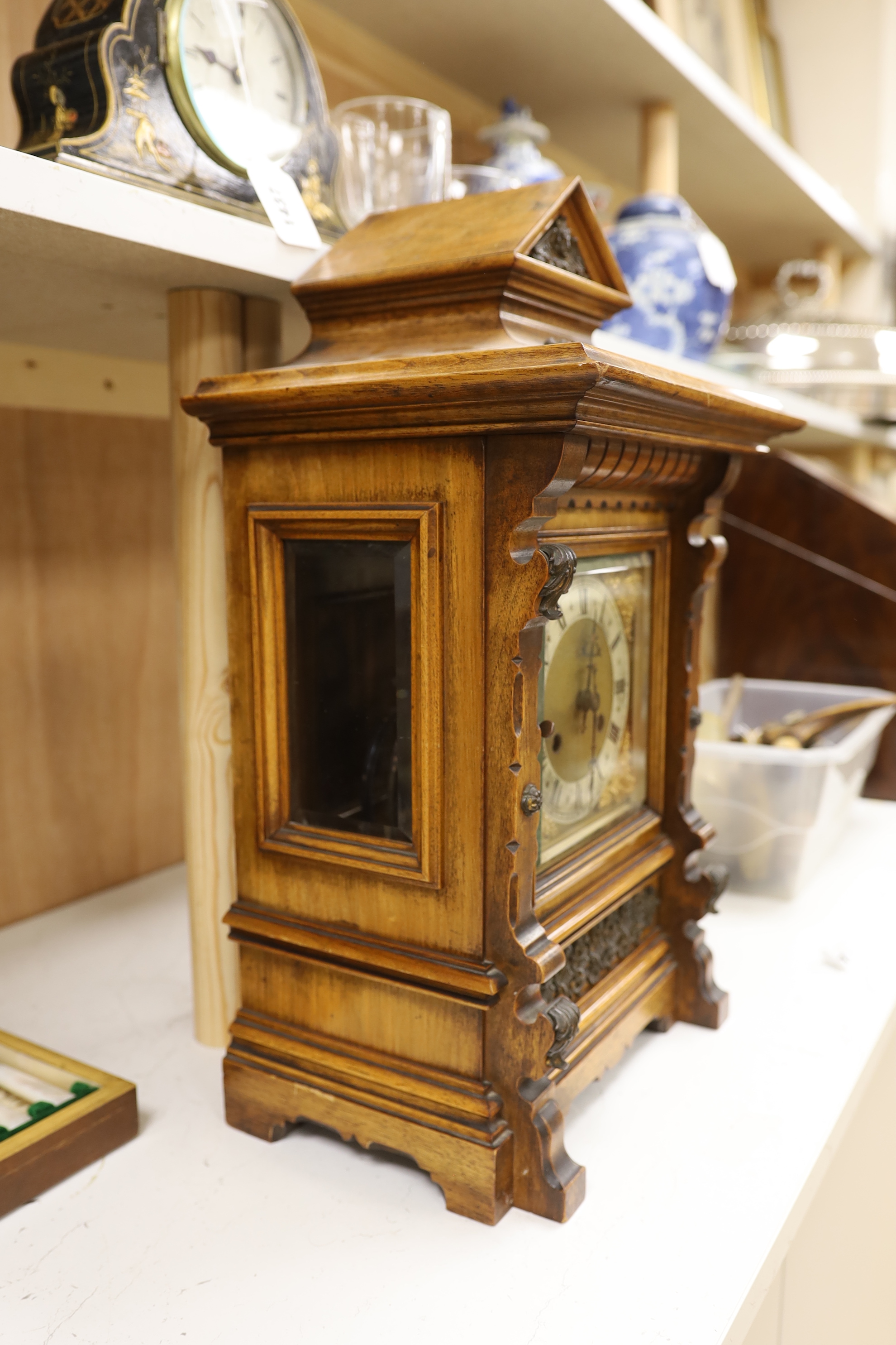 A late 19th century German walnut bracket clock, 49cm